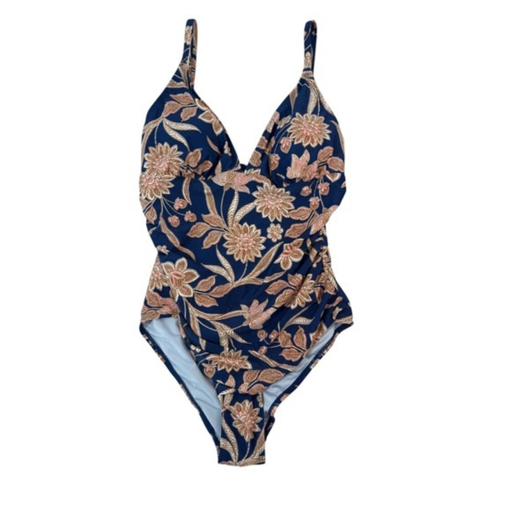 Cupshe NWT Blue & Gold Seaside Blossom Paisley Ruched One Piece Swimsuit Large